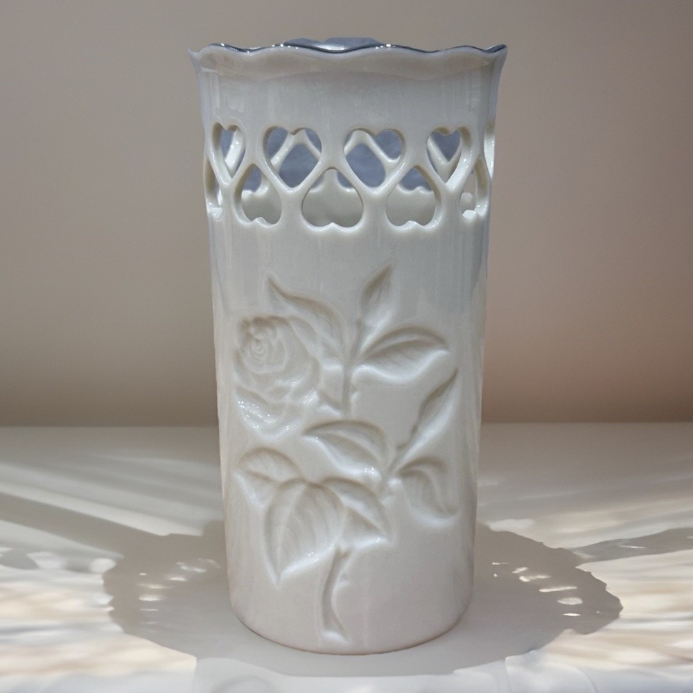 Lenox Vase Heart with Embossed Intaglio Rose Ivory Porcelain USA Valentines Day